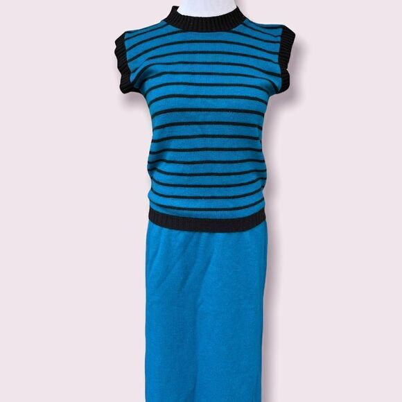 Vintage 3 piece sweater skirt set teal black stripe small - Picture 3 of 6